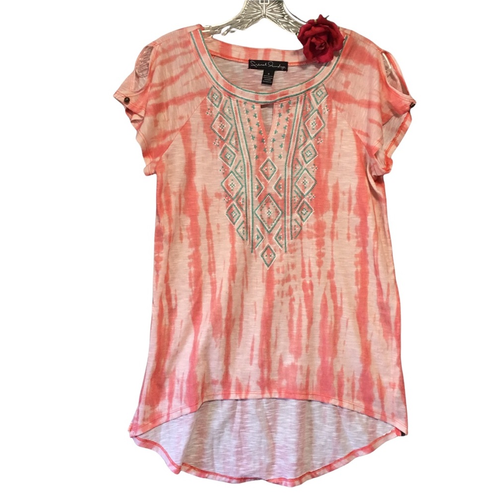 French Laundry Boho Tie Dye Embroidered Top Peach Teal Small